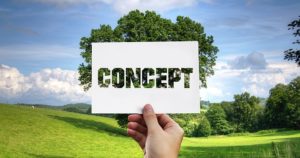 Hand holding word concept with tree and garden in background 